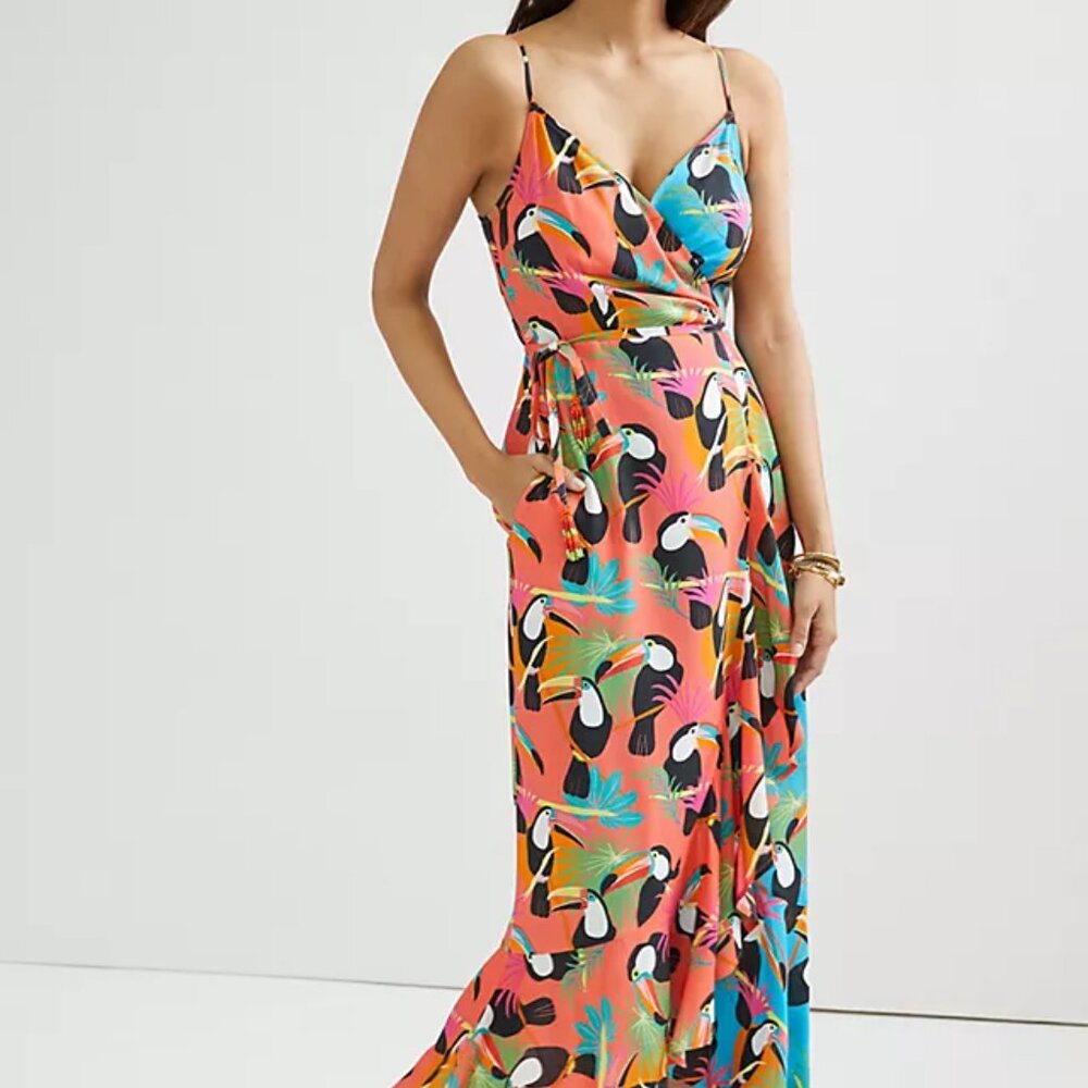 Farm Rio by Anthropologie MEDIUM Colorful Wrap maxi dress with pockets